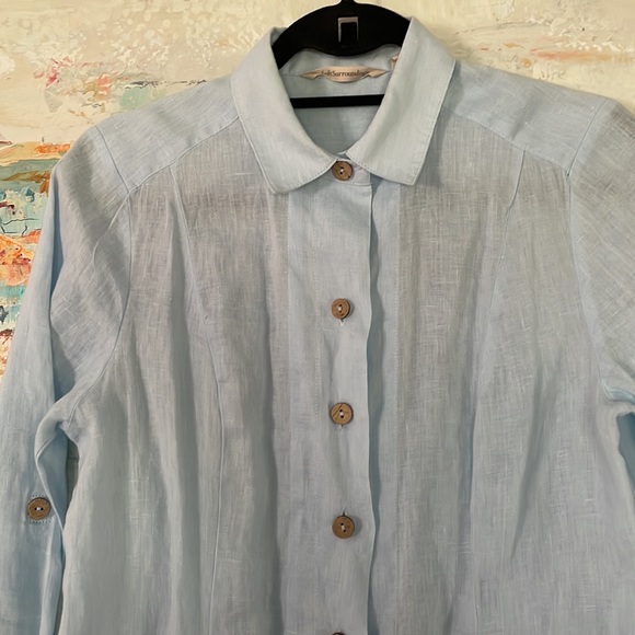 Soft Surroundings Linen Tunic Top Pockets Fitted Light Blue Lng Slv Sz XS - Picture 3 of 11